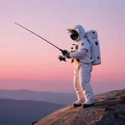 Astronout fishing on the edge of the planet with pink sunset background