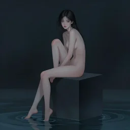 a beautiful girl sitting on top of a plain dark cube, with no clothes in the dark studio, water flooded, soft lightning, dimmer background, digital illustration by ruan jia on artstation
