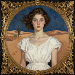 a portrait of a beautiful girl by kathe kollwitz and david hopper ,high quality,with white dress inside the desert, baroque, neo Gothic,matte painting, baroque detailes,photo real,concept art,highly detailed,sharp lines, hdri, 4k
