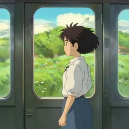 a cute anime girl looks at the beautiful nature through the door of a moving train, art by hayao miyazaki, studio bind, makoto shinkai