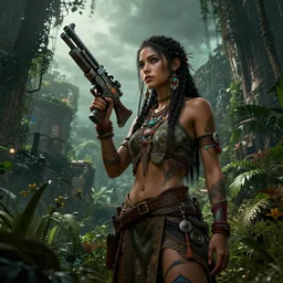 young very beautiful cute tribal woman with a futuristic gun, in a post apocalyptic city overgrown with lush vegetation, by Luis Royo, by Greg Rutkowski, dark, gritty, intricate, volumetric lighting, volumetric atmosphere, concept art, cover illustration, octane render, trending on artstation, 8k