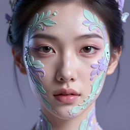 intricate highly detailed face portrait of asian - european woman, light purple mint water vines on her face, intricate, cgsociety, unreal engine, octane render, sharp focus, smooth, volumetric lighting, cinematic composition, artstation