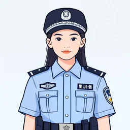 illustration vector fine line art of a girl cop,very pretty asian face,full shot,color,trending on shutterstock