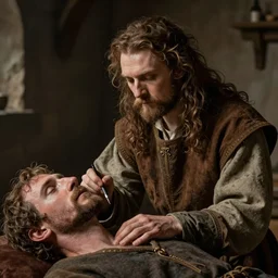 detailed portrait of a medieval doctor performing treatment on a peasant, 4 k high detail, scientific