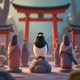 shrine for magpie gods. award - winning 3 d cartoon by an indie studio, heavily stylized, rimlighting, depth of field, limited palette, impressionism, chiaroscuro, bokeh.