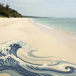 a beautiful quiet beach in okinawa, fractal waves. japanese embroidery. retro minimalist art by jean giraud and van gogh.