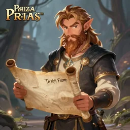 Young bearded Tarski Fiume holding a scroll, half-elf Time Wizard,  iconic character art by Wayne Reynolds for Paizo Pathfinder RPG