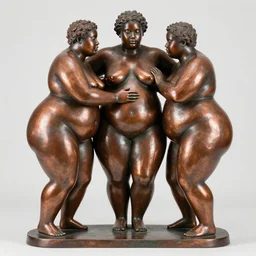 copper sculpture of 3 beautiful fat black people caressing sensuously