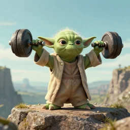 a wide angle photo of yoda lifting weights on a cliff, using the force.