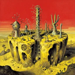 organic structures from the cavities of an arcology located on an alien world where the flora is yellow and the skies and red, robert mcrall combined with salvador dali graphical style