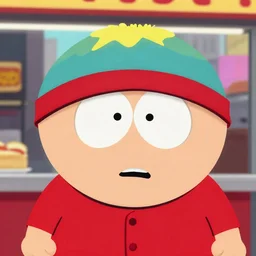a closeup cartoon image of cartman from south park in times square new york at hot dog stand. accurate face. bright scene. fine detail. this 4 k hd image is trending on artstation, featured on behance, well - rendered, extra crisp and features intricate detail.