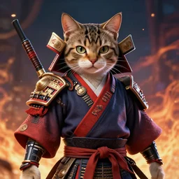 a cat in samurai clothing, looking at the camera, anime style, epic, octane render, portrait, dynamic lighting, intricate detail, vibrant, hyperrealistic, cinematic
