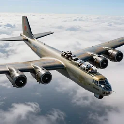 a gigantic world war 2 style bomber plane of huge size with tons of guns, extra turrets and many engines as well as layers of wings, flying above the clouds