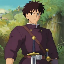 aragorn from the anime lord of the rings (1986), looking serious, some beard, with a long sword, studio ghibli