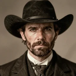 real-life face portrait short stubble beard cowboy skinny masculine Roger Clark furrowed brown from red dead redemption 2 dramatic lighting late 1800s Daguerreian photo by Mathew Brady