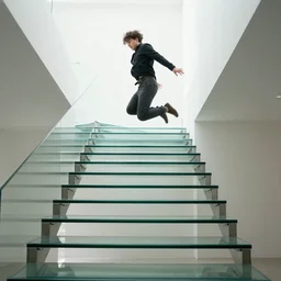 jumping up glass stairs