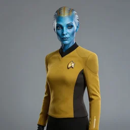 Half length portrait photo of an Asari from Mass Effect, blue skin, as a Starfleet officer by Paul Lehr