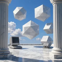 HD detailed art on artstation, 1990s computer graphics rendered as marble floors and pillars, low-polygon floating geometric 3D objects, and a crisp blue sky background with some fluffy realistic clouds