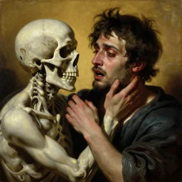 oil matte portrait painting, plague infected man in agonizing pain eying the personification of death, wonderful masterpiece highly detailed, beautiful cinematic light deep focus, elegant, digital painting, smooth, sharp focus, golden ratio, dramatic illumination, ultra realistic, 8 k, art by salvator rosa