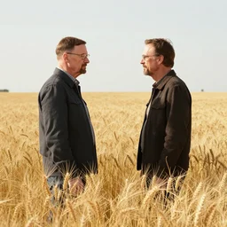 a long shot of walter white and gustavo fring stand facing each other from a distance in a wheat field, side view, 3 5 mm photograph, 8 k resolution, wide shot, sharp lens