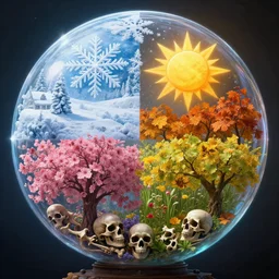 the four seasons winter ❄, summer ☀, fall 🍁🍂, spring 🌸💐, inside a magic orb, skulls, bones, wayne barlowe, symmetrical, surreal, magic surrealism, very coherent symmetrical artwork, cinematic, hyper realism, high detail, octane render, 8 k