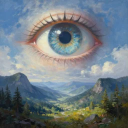 a fantasy painting of a giant eye in the sky in a mountain scape