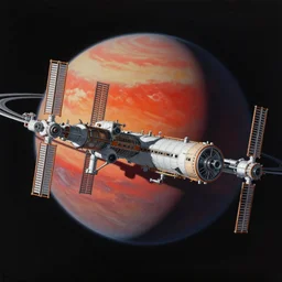 a space station orbiting a red planet, acrylic painting by chris moore.