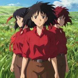 makoto shinkai, artgerm, ilya kuvshinov, beautiful anime women with red shirt brown pants, black and red hair, wind powers symmetrical face, symmetrical eyes, detailed, field setting, cinematic lighting