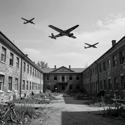 old lost footage in black and white of an overgrown asylum getting attacked by planes ,hyper realistic 8K HD real life photo