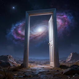 improbability, fantasy landscape, door portal, cinematic, low angle, galaxies in the sky, octane render