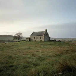 A serene landscape with a singular building in the style of the lord of the rings