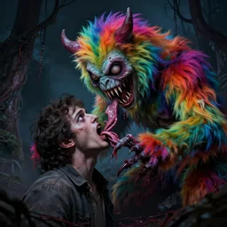a beautiful, colorful, flesh - eating, whimsical monster with rainbow fur, eating a terrified man, by alexandro judorowski and basia tran, fear, morbid, nightmare, supernatural, 8 k, digital art, highly detailed, chiaroscuro, creepy, terrifying