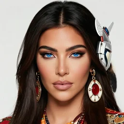 portrait cartoon render of a strikingly gorgeous assiniboine and mandan kim kardashian with blue eyes and long dark brown hair, wearing an intricate gundam helmet, rossdraws, artgerm, norman rockwell, emiliano ponzi, epic composition, hd, octane, unreal engine, volumetric lighting, light rays, masterpiece, award - winning