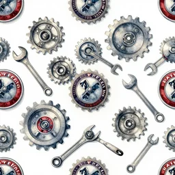 repeating pattern seamless. watercolor. alfa romeo, gears, wrench, tools