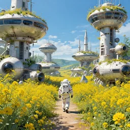 overgrown space stations filled with yellow flowers. There is an astronaut walking down the path. by Marc Simonetti, Zdzislaw Beksinski, Makoto Shinkai Paul Lehr and M. C. Escher, digital art, vibrant color, trending on artstation, lighting, HD, 8K, highly detailed, good lighting, beautiful, epic, masterpiece, surreal