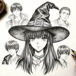 portrait of fumo doll wearing witch hat, pen and ink, intricate line drawings, by craig mullins, ruan jia, kentaro miura, greg rutkowski, loundraw