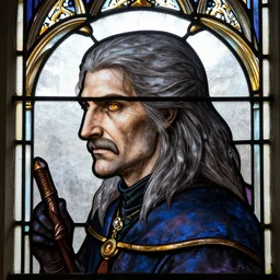 gothic stained glass window, detailed side - view portrait of an old witcher, amber eyes, long dark grey hair, horse shoe mustache, detailed and masterful, backlit