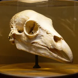 national museum of ornithology, portrait photo of a huge bird skull, avian, beak, showcase, preserved inside a formaldehyde tank, with eyes intact, high detail, national geographic photo