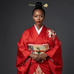 portrait of attractive dark - skinned tanzanian woman wearing regal japanese ceremonial attire, red dress, intricate details, ultra - realistic, studio lighting, contrasting background, editorial photography by alex james, art study by greg rutkowski