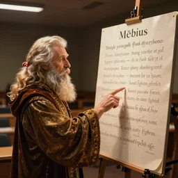 A bearded wizard points at a linguistics chart in front of a lecture hall, by Mœbius