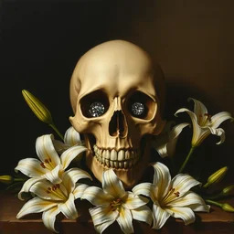 a painting of a skull with diamonds in its eyes surrounded by white lilies all in front of a dark shadowy background in the style of a still life painting by francisco de zurbaran