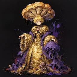 splatter paint biomechanical princess made of fungi, tremella - fuciformis crown!!!!, golden - scruffy - collybia garment, laccaria - amethystina robe, gapmoe yandere grimdark, trending on pixiv fanbox, painted by makoto shinkai takashi takeuchi studio ghibli, akihiko yoshida, yoshit
