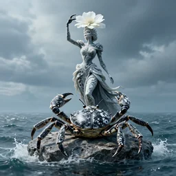 by wesley burt and basil gogos, visually stunning, cinematic, ultra realistic, hyper realism, 1 2 k, epic, octane render, unreal engine, vfx, maya, snow queen : cthulhu rising from the ocean, beetling black and white insect with a white flower on its head : biomorphic, a sculpturesque : subocean sculpture of a crab on a rock