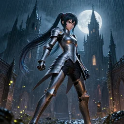 angry hatsune miku, wearing rain soaked armour in heavy rain, incredibly fine detailed portrait, battle angel alita, dynamic angle, elegant, full body profile, 2 0 0 mm focal length, highly detailed, dramatic full moon lighting, many fireflies, gothic castle prodominently in the background, movie cover