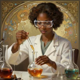 female mad scientist mixing strange concoctions, dark skinned, large safety glasses, deep focus, intricate, elegant, highly detailed, digital painting, artstation, concept art, matte, sharp focus, illustration, art by artgerm and greg rutkowski and alphonse mucha