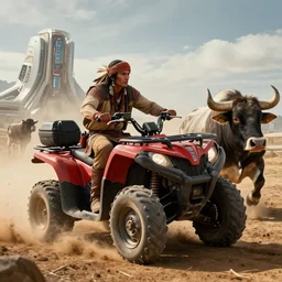 native indian on atv attacking bufallos, action scene, an epic fantasy, dramatic lighting, cinematic, establishing shot, extremely high detail, photorealistic, cinematic lighting, artstation, octane render, by simon stalenhag, horizon forbidden west and futuristic western
