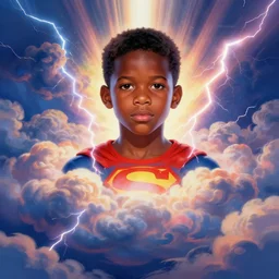 colourful upper half portrait of a super african boy inside a group of clouds surrounded by bolts of lightning with rays of light emanating from clouds - in drew struzan movie poster style, art by drew struzan & hsiao - ron cheng, highly detailed, digital painting, ray tracing, illustration, smooth, sharp focus, intricate, symmetry, artstation,