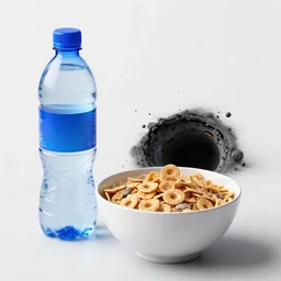 a bottle of water and a bowl of cereal being sucked into a blackhole. highly detailed