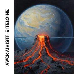 a lava and water planet, half image, oil painting