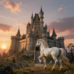 mythical, castle, unicorn, warrior, sunset, landscape, highly detailed, traditional style